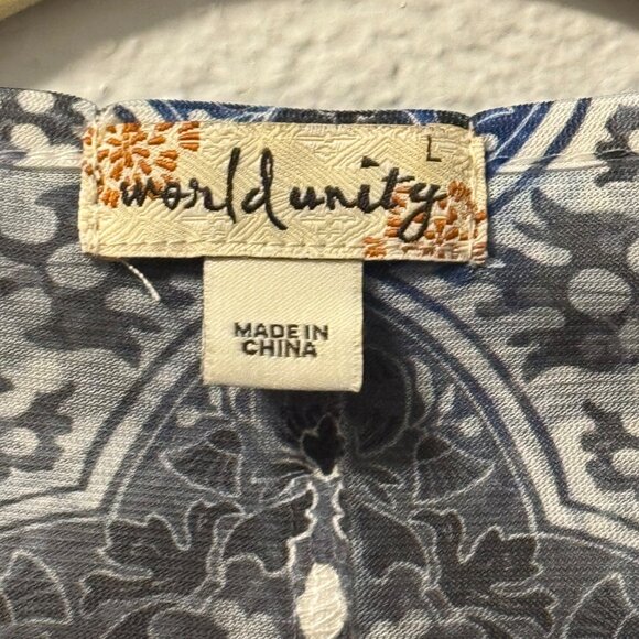 World Unity Womens Sz Large Black & Blue Beaded V-Neck Long Sleeve Tunic Top - Picture 3 of 12